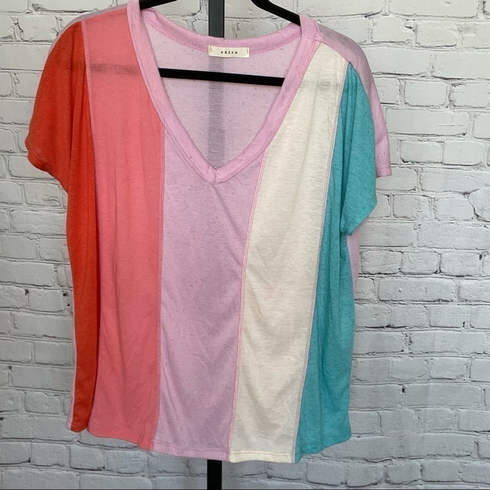 Entro Linen Blend Color Block Rainbow V-Neck Shirt